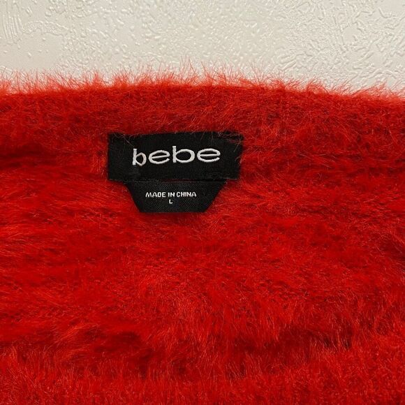 bebe Red Fuzzy Logo Sweater Size L Soft Long Sleeve Pullover - Picture 3 of 9